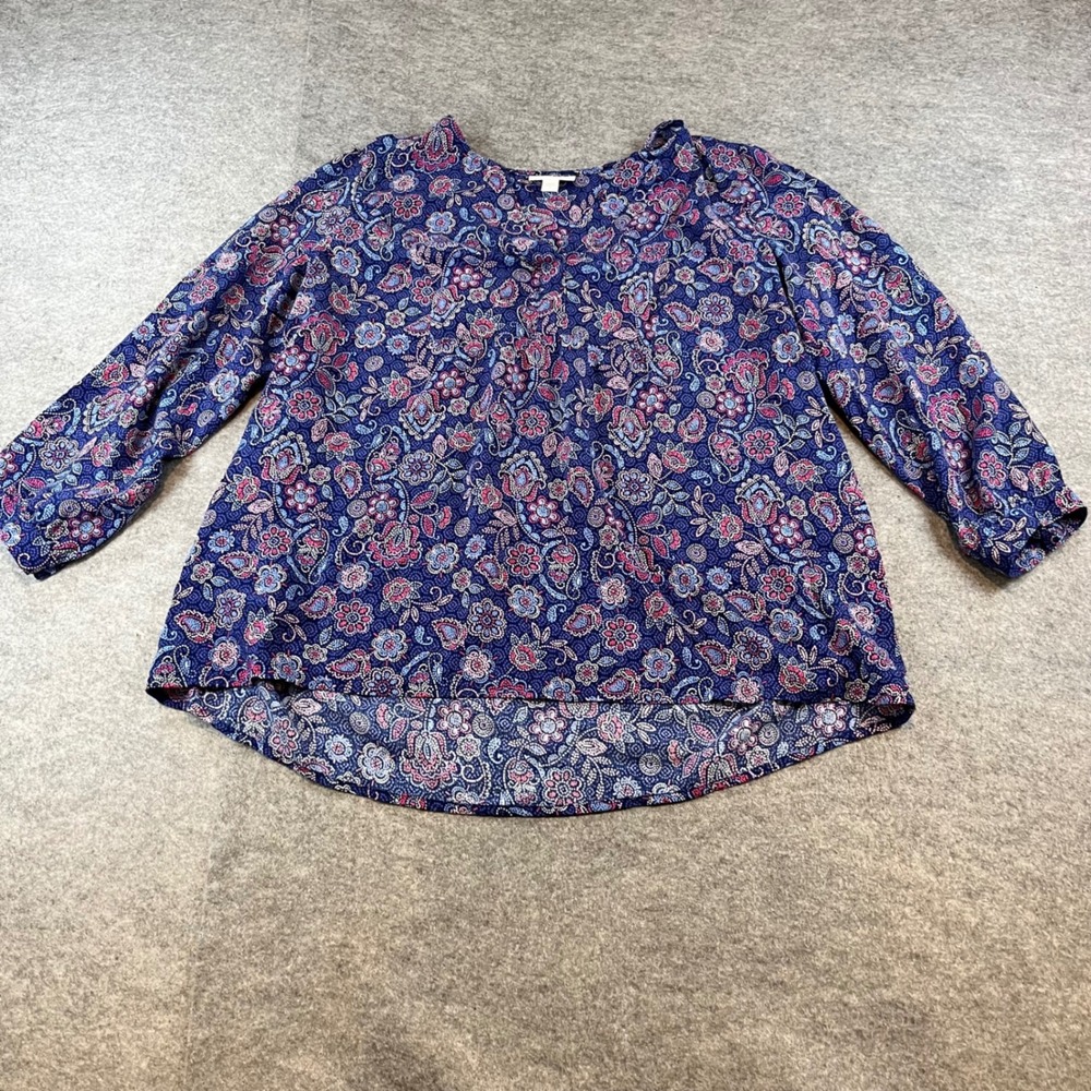 J. Jill Womens Paisleyā Floral V-Neck Blouse Blue Boho Rayon Small Long Sleeve